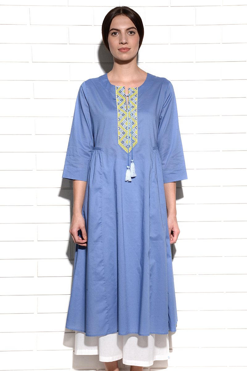 Blueberry Crush Tunic Kurta with embroidery at neck and tassles